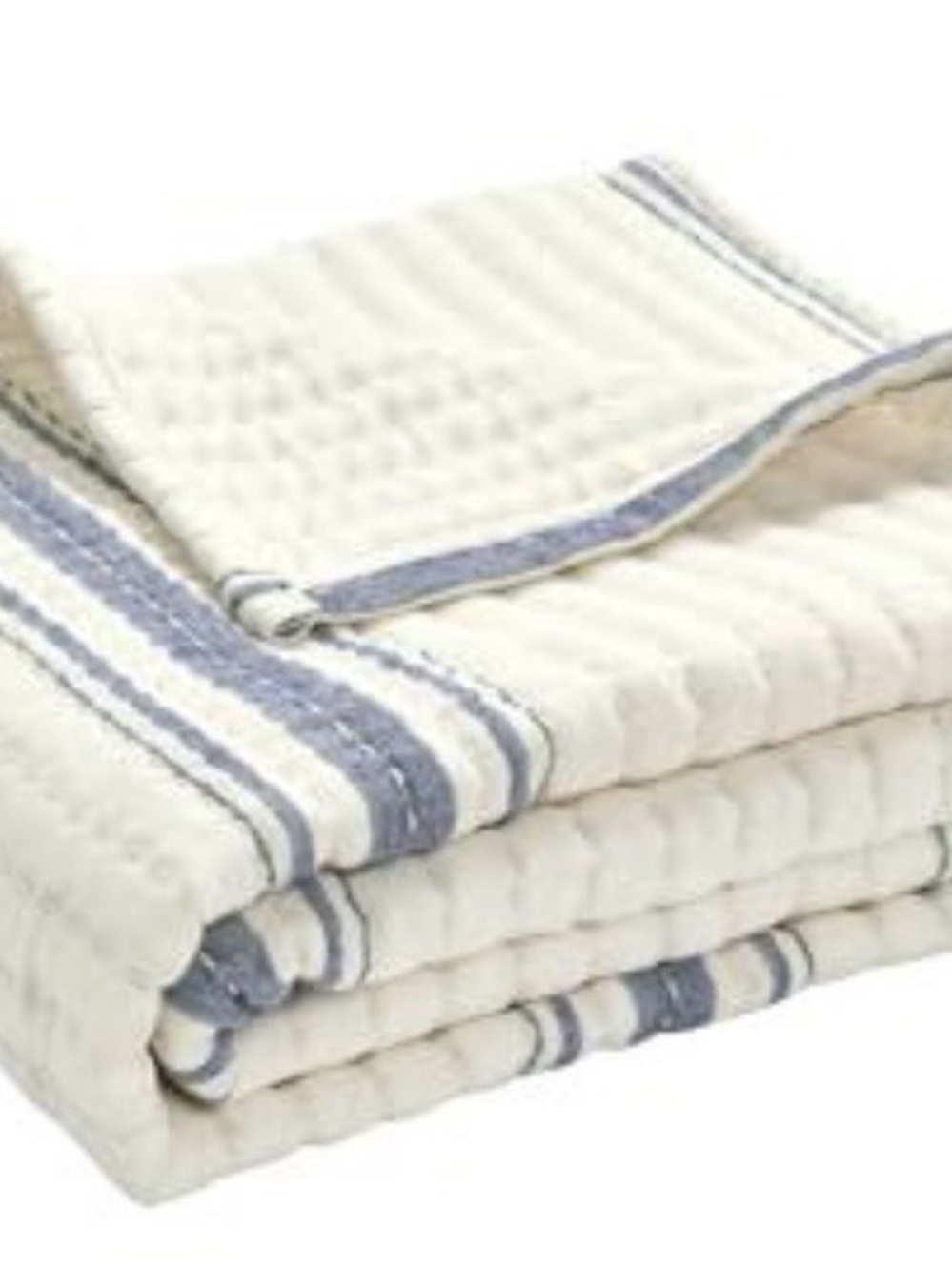 White Quilted Cotton Throw with Blue Stripe - Home Bedding